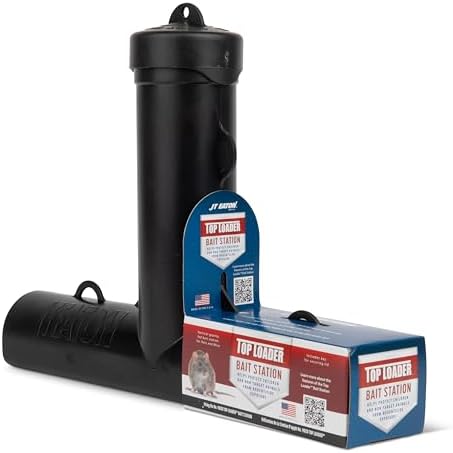 JT Eaton Top Loader® Black Plastic Bait Station with U-Shaped Bait Holder Rods, Screws, Hex Key, Poison, Tamper-Resistant