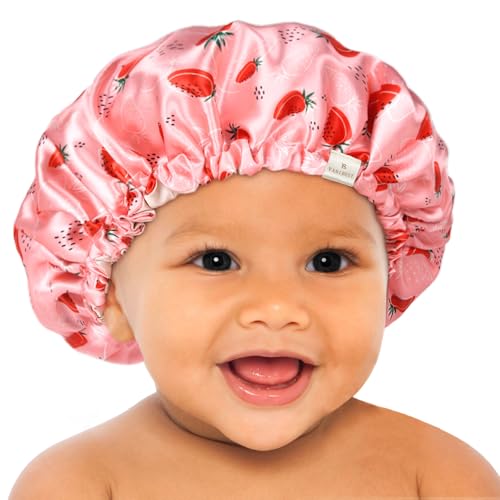 YANIBEST Baby Satin Bonnet Sleep Cap - Double Layer Reversible Adjustable Silky Satin Cap for Infant Toddler(6-36Months,Strawberry)