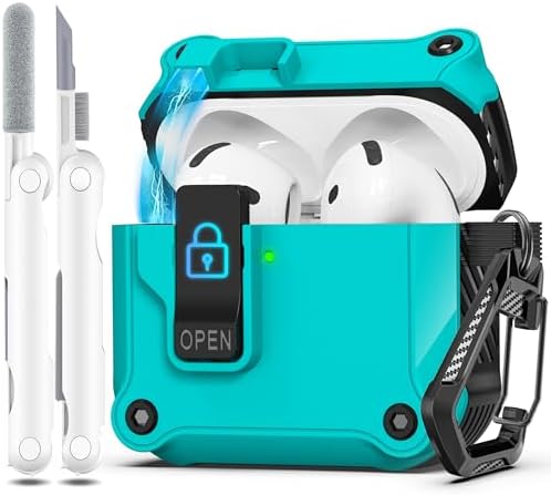 R-fun Compatible with AirPods 4th Gen Case, Full Drop Protection Auto Pop-Up Lid and Lock Design with Cleaner Kit and Keychain for AirPods 4 2024-Teal