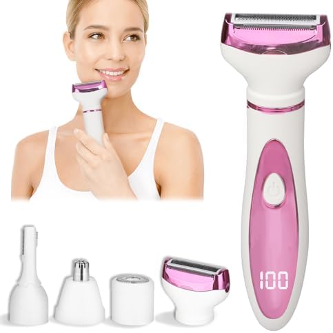 Electric Razor for Women Men,4 in 1 Painless Ladies Wet & Dry Body Razors and Facial Hair Remover,Rechargeable Led Display Hair Removal Kit for Nose Face Body Leg Bikini Arm Hair (Purple)