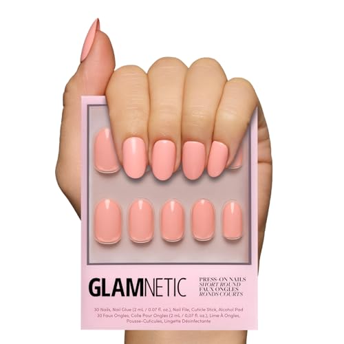 Glamnetic Press On Nails - Peach Coral | Short Round Orange, Glossy Pastel Peach Fake Nails, Reusable Spring Nails | 15 Sizes - 30 Nail Kit with Glue