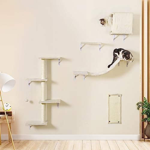 Modern Wall-Mounted Cat Furniture - 5pcs Cat Wall Shelves, Wooden Cat Climber Includes Cat House, Bridge, Tree, Steps, and Scratcher - Beige