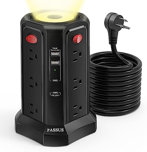 Long Surge Protector Power Strip 15 FT Cord, PD20W USB C Power Strip Tower with Night Light, Extension Cord with Multiple Outlets 4 USB Ports(2A+2C), PASSUS Charging Station Home Office Essentials