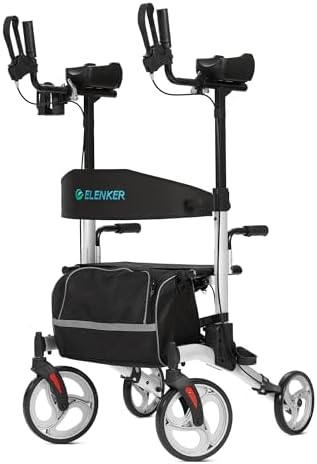 ELENKER Upright Walker, Stand Up Folding Rollator Walker with 10” Front Wheels Backrest Seat and Padded Armrests for Seniors and Adults, Silver