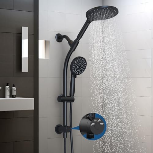 7.5" Rotatable Dual Shower Head with Handheld Combo, Kids Friendly Low 3-Way Diverter, Adjustable Slide Bar for Whole Family Use, Enjoy High Pressure Rainfall Spa Shower, Matt Black