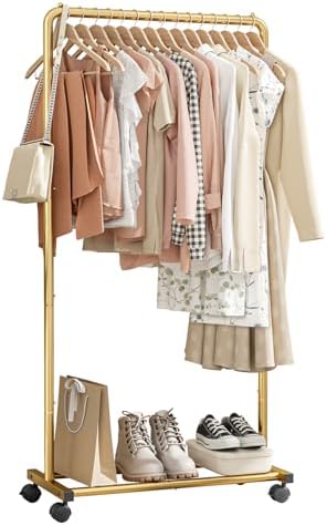 Clothes Rack - Clothing Rack with Wheels, Multi-Functional Clothing Racks for Hanging Clothes and Shoes, Large Capacity Garment Rack for Bedroom, Living Room and Office, Gold, Medium