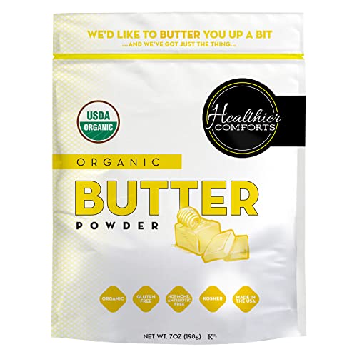 Healthier Comforts Organic Butter Powder | USDA Certified Organic Dehydrated Unsalted Butter | Kosher, Gluten Free, Non-GMO Powdered Butter | Dried Butter Powder w/Organic Butter & Dry Milk 7oz