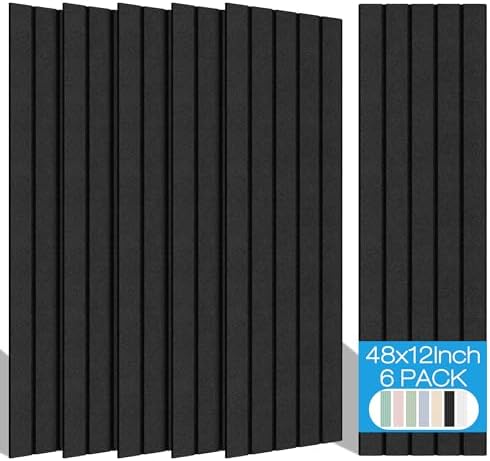 BUBOS 6 Pack Large Acoustic Panels,48x12Inch SoundProof Panels for Walls,Self Adhesive Acoustic Wall Panels,Decorative Sound Panels for Home Studio Office (Black)