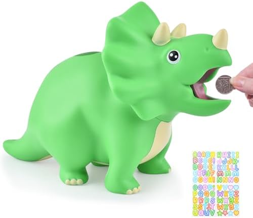 Dinosaur Piggy Bank for Kids, Unbreakable Plastic Money Coin Bank for Boys and Girls, Great Gifts for Birthday, Easter, Christmas (Green)
