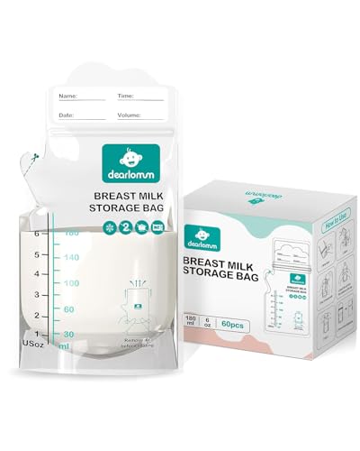 dearlomum BPA-Free Breastmilk Storage Bags - 60 Pcs, 6 Ounce, Self-Standing with Pour Spout, Space-Saving Flat Profile, Ideal for Convenient Breastfeeding and Milk Storage, Refrigeration & Freezing