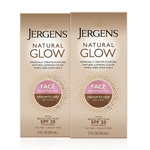 Jergens Natural Glow Face Self Tanner Lotion with SPF 20, Sunless Tanning, Medium to Deep Skin Tone Moisturizer, Daily Facial Sunscreen, Oil Free, UVA and UVB Protection, 2 Oz, Pack of 2