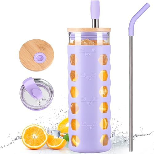 MUKOKO 20 oz Glass Tumbler with Straw and 2 Lids - Bamboo Lid & Press-in 2 in 1 Lid, Glass Water Bottles with Pearl Milk Tea & Drinking Straw, Smoothie Glass Cups Silicone Sleeve BPA Free - Purple