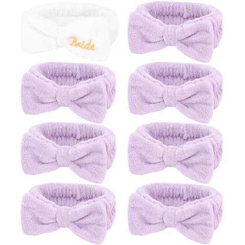 Semato Bachelorette Party Favor Set Bride Spa Headband Bride Headband and Bridesmaid Headband Skincare Headbands for Women Cute Bow Head Bands Party Supplies (1 bride+ 7 purple)