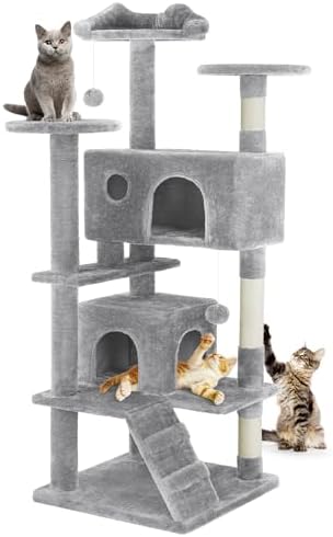 DUMOS 54-inch Indoor Cat Tree Tower –Multi-Level Pet House for Large Cats with 2 Condos, Scratching Posts, Round Platform, Small Ladder, and Toys, Light Grey