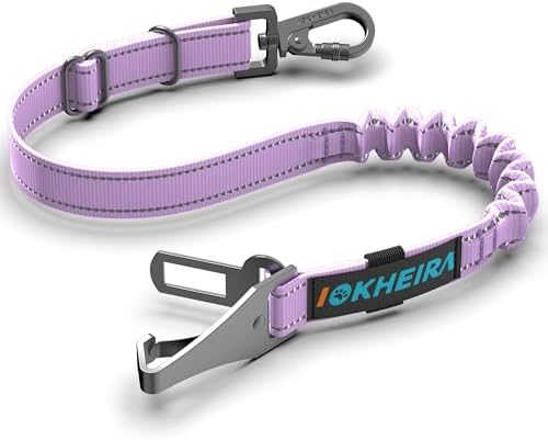 IOKHEIRA Dog Seat Belt 3-in-1 Car Harness for Dogs Adjustable Safety Seatbelt for Car Durable Nylon Reflective Bungee Fabric Tether with Clip Hook Latch & Buckle, Swivel Zinc Alloy Carabiner (Pink)