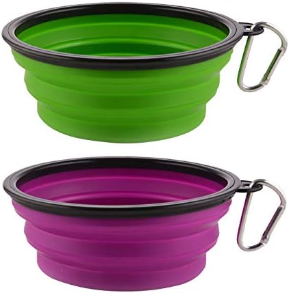 Large Collapsible Dog Bowls, 34oz Portable Foldable Travel Water Bowl Food Dishes with Carabiner Clip for Traveling, Hiking, Walking, 2 Pack (Purple+Green)