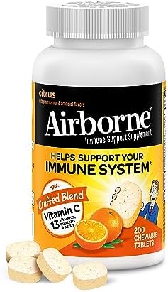 Airborne 1000mg Chewable Tablets with Zinc, Immune Support Supplement with Powerful Antioxidants Vitamins A C & E - 200 Tablets, Citrus Flavor