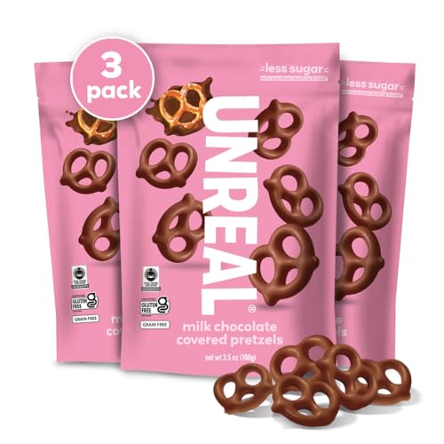 UNREAL Milk Chocolate Covered Pretzels, 7g Sugar, Chocolate Candy Treat Bag, Gluten Free, Fair Trade, Non-GMO, 3.5oz (Pack of 3)
