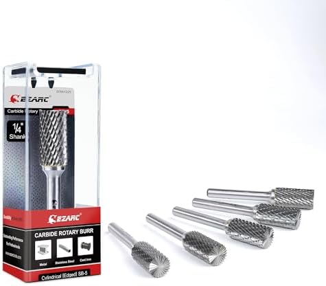EZARC 5PCS Tungsten Carbide Rotary Burr Set, SB-5 Double Cut Carbide Burr 1/4" Shank Die Grinder Bits for Metal Working & Sturdy Storage Case