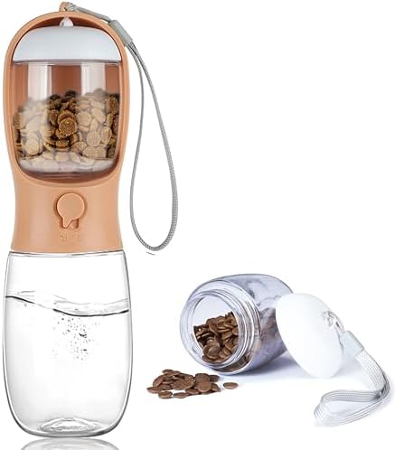 Portable Dog Water Bottle with Food Container,15oz Leak-Proof Pet Water Dispenser for Dogs, Cats, Puppies,Built-in Activated Carbon Filter for Travel,Hiking, Walking,and Outdoor Activities