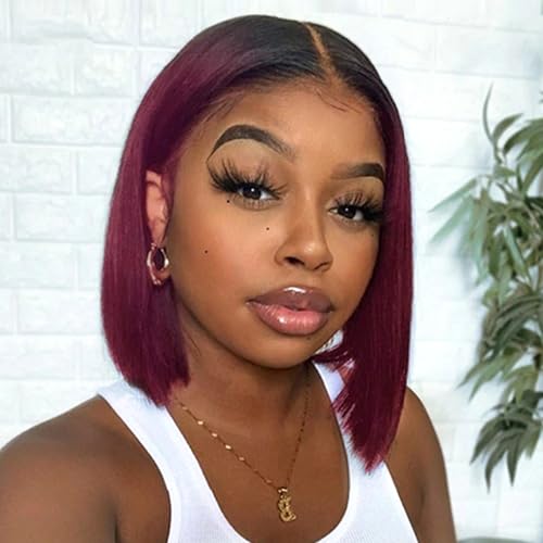 Ombre 99j Burgundy Closure Bob Wig Human Hair Wigs 1B 99j 5x5 Hd Lace Closure Wigs Human Hair For Black Women Straight Burgundy Human Hair Pre Plucked 200% Density Wig 99j Short Bob 12 Inch