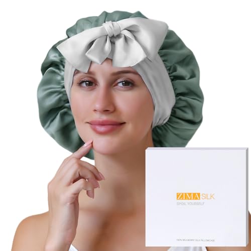 ZIMASILK 100% Mulberry Silk Bonnet for Sleeping Women Long Hair Double Layer Silk Hair Wrap with Silk Tie Band Natural Silk Cap for Hair Care Stay on Head (1Pc, Grayishgreen + Lightgrey)