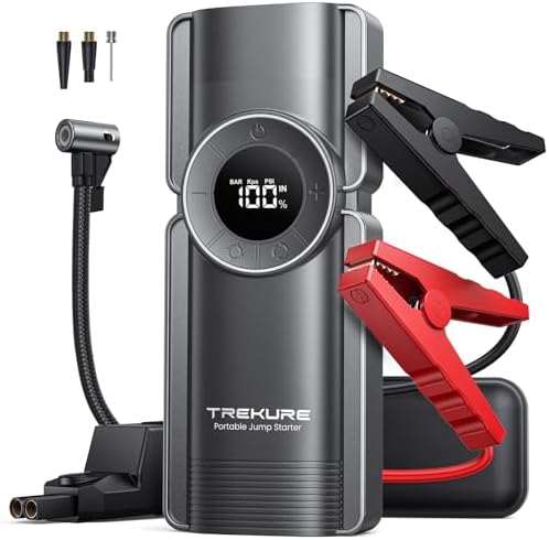 Portable Car Jump Starter with Air Compressor, 150PSI 4000A Car Battery Jump Starter Battery Pack (9L Gas/8L Diesel), Safe Jumper Starter Portable Jump Box with Display, Emergency Light