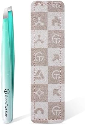 Expert Slant Tip Tweezers with Leather Case, GlamTweeler Sharp & Precision Stainless Steel Tweezer for Eyebrows, Facial Hair and Fine Hairs Removal (Sparkle Mint Green & Silver)