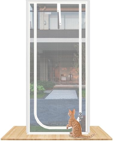 QWR Reinforced Cat Screen Door,Fits Door Size 30''x 80'',Thickened Cat Resistant Mesh Screen Door for Living Room,Kitchen,Bedroom,Cat Proof Screen with Zipper Closure. (U-Type,White)