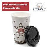 JUST PACK IT [16 oz - 100 Sets with Lids PREMIUM Paper Hot Coffee Cups with Resealable Lids - Leak Free To Go Disposable Hot Beverage Drinks