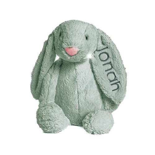 Personalized Super Soft Plush Bunny - Stuffed Animal Toy for Kids - Custom Gift with Embroidered Name on Ear for Easter, Baby Shower Gift (medium, green)