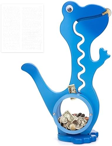 Wooden Dinosaur Piggy Bank Boalord for Boys Kids Girls Clear Big Belly Animal Coin Bank for Toddler Real Money Toy（Dino-Blue）