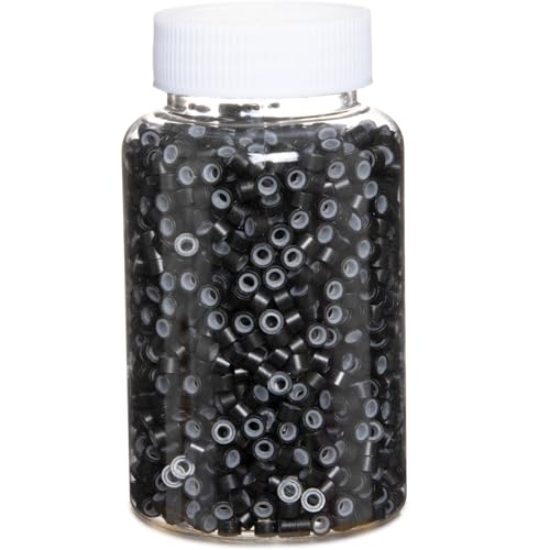 2500pcs Hair Extentions Micro Rings Links Beads, 5mm Silicone Lined Beads for Human Hair Extensions Tool-Black