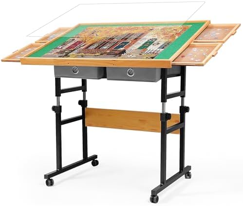 Puzzle Table with Wheels, for 1500 Pieces with Drawers and Cover, 35.4"x26.4" Adjustable Height & 45° Tilting, Puzzle Board for Adults