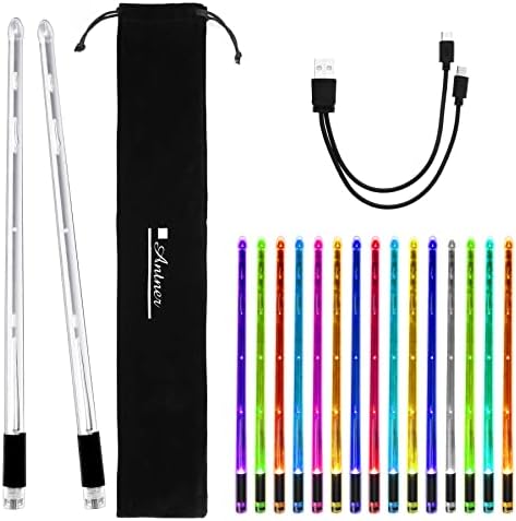 Antner Rechargeable LED Light Up Drum Sticks 15 Color Changing Drumsticks with Storage Bag for Adults Drummers, Durable Professional PC Polymer Material Drumsticks, Cool LED Light Up Drumsticks