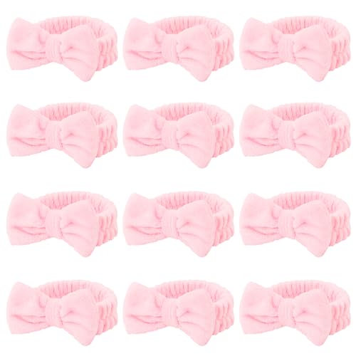 Casoty 12 Pcs Pink Spa Headbands, Makeup Headbands for Women, Soft Coral Fleece Headbands for Makeup, Bow Hair Band for Face Washing Shower Skin Care Yoga