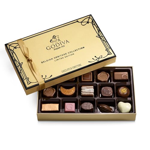 Godiva Chocolatier Heritage Collection – 15-Piece Assorted Belgian Chocolate Gift Box – Dark, Milk and White Gourmet Chocolates with All-Natural, GMO-Free Ingredients – Elegant Gold Box Ideal for Gifting