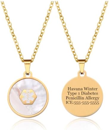 Medical Alert Necklace for Women Shell & Gold-Tone Stainless Steel Emergency ID Tag Pendant Necklace for Girls Custom Engraved Medical Alert Jewelry