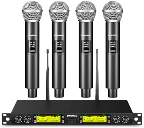 Aokeo Wireless Microphones System, 4 Channel UHF Wireless Mics,with 4 Handheld Dynamic Microphones,Metal Receiver for Karaoke,Singing,Wedding,Party,Speech,Church