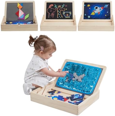 Wooden Sensory Sequin Box |Calm Down Corner Kit with Sensory Sequin Flip Mats,Space-Themed Felt Puzzle & Felt Tangram | Calming Corner Items for Kids -Sensory Room Must Haves