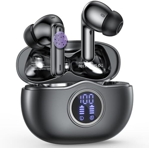 Wireless Earbuds, Bluetooth 5.3 Bass Stereo Headphones, 50 Hours of Playtime with Noise Cancelling Mic LED Display, 4 Microphones IPX7 Waterproof Earphones for Laptop Pad Phones, Black