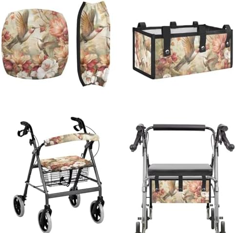 LedBack 3 Pack Rollator Accessories Walker Seat and Backrest Rollbar Covers Walker Storage Bag Hummingbirds Florals Universal Walker Accessories for Mobility Scooter