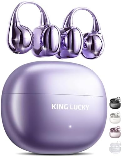 King Lucky Clip-on Earbuds,Open Ear Earbuds Wireless Bluetooth 5.4, Lightweight Open Ear Headphones with C-Shaped Bridge,Slim Hook,50H Battery,Waterproof,for Glasses Wearers and Workouts (Purple)