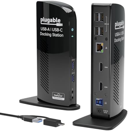 Plugable USB 3.0 Universal Laptop Docking Station Dual HDMI Monitor for Windows and Mac (Driver Required), USB 3.0 or USB-C, 2X HDMI, Gigabit Ethernet, Audio, 6 USB Ports (UD-3900)