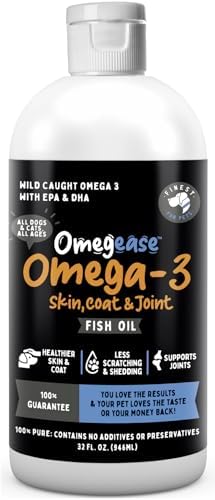 100% Pure Omega 3 Fish Oil for Dogs & Cats - Omegease Supplement for Skin & Coat, Itching, Shedding, Joints & Immune Health (32 oz)