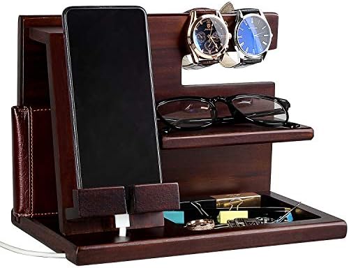 Wood Phone Docking Station for Men - Wooden Nightstand Organizer - Personalized Idea for Him, Husband, Boyfriend, Dad, Son, Boss, Colleague - Perfect for Anniversary, Birthday, Christmas, Fathers Day
