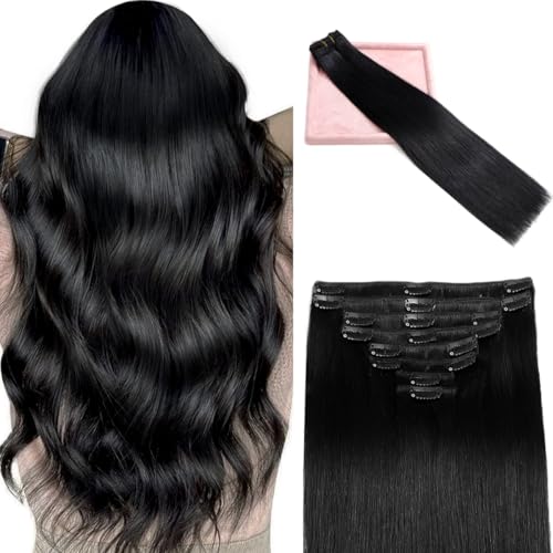 Clip in Hair Extensions Real Human Hair, Remy Human Hair Extensions Clip ins for Women, 100% Natural Human Hair, Double Weftm, 20inch 105g 8Pcs, #1 Jet Black