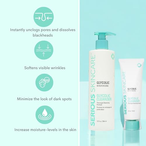 Serious Skincare Glycolic Oil-Free Cleanser – Retexurizing Glycolic Acid Facial Wash - Normal, Oily, Combination, Problematic Skin – Deep Pore Cleansing Formula – 12 oz (1) + 4 oz. (1)