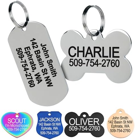 GoTags Stainless Steel Pet ID Tags, Personalized Dog Tags and Cat Tags, up to 8 Lines of Custom Text, Engraved on Both Sides, in Bone, Round, Heart, Bowtie and More (Rectangle, Regular (Pack of 1))