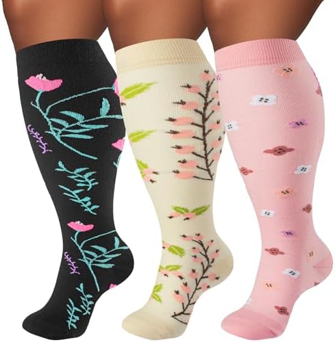 Plus Size Compression Socks for Women & Men 3 Pairs, Wide Calf Extra Large 20-30 mmHg Knee High Support Socks for Travel, Running, Nurse
